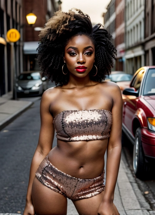 a highly detailed UHD photograph of a beautiful hooker, young black woman circa 1976, streetwalker, prostitute, woman-of-the-night, full body in frame, accurate face, accurate natural hair color, accurate eye color, teased wild hairstyle, she is wearing tight short hot-pants, she is wearing a strapless sequin cropped tube top, she is wearing heavy makeup, red lipstick, pastel colored eyeshadow, she is leaning against a car, seductive pose, seductive expression, illuminated by the cool fluorescent light of the street-lamp above her, detailed face, detailed eyes, smile, It is night on a seedy street corner of a major city, urban environment, city street scene, unreal engine, <lora:dpmg_add_detail:1> rich deep coloring, big variation of colors, octane render, beautiful vibrant colours, perfect contrast, sharp, masterpiece, best quality, high detail, RAW
