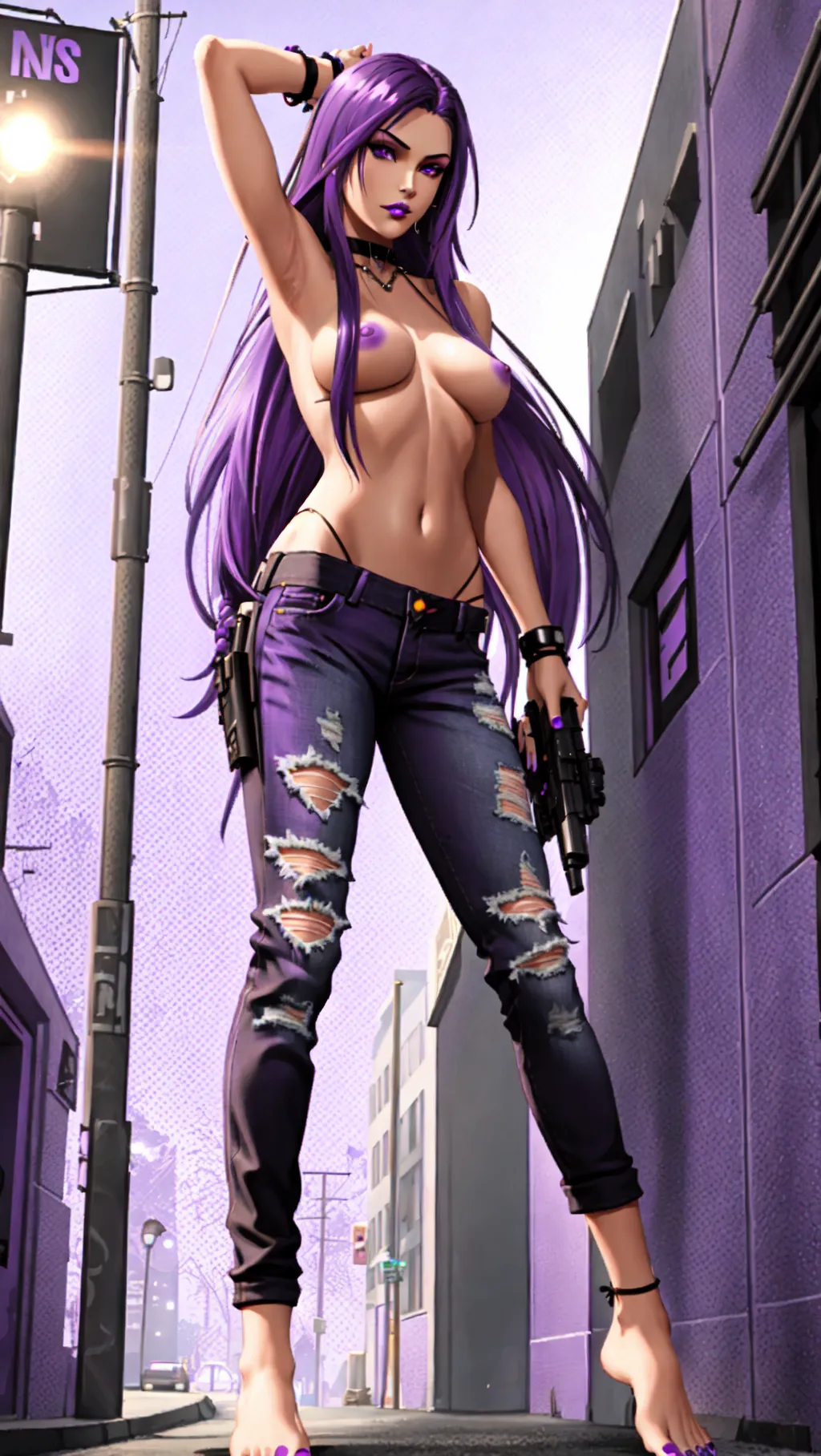 long shot, full-body, short tan sexy topless barefoot punk girl with an angular face and long black purple highlighted hair and long erect purple nipples wearing black fingerless gloves with purple toenails while holding a pistol and standing in winter snow, (topless barefoot girl: 1.2), (sexy feet: 1.2), (toes: 1.2), (purple nipples: 1.3), (wearing long black jeans: 1.2), (purple nipples: 1.3), (Saints Row: 1.2), (city street: 1.2), (purple lips: 1.2),