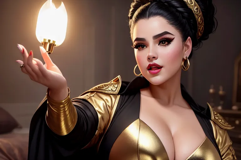 a oil painting of,bella poarch,wearing mage clothes,dancing,on the bed,natural breasts,five fingers per hand,updo hair,gorgeous face,beautiful lips,black eyes,curved eyebrows,curved eyelid,textured skin,joyful,wearing golden ring,studio lighting,editorial,ultra realistic,cinematic lighting,artstation