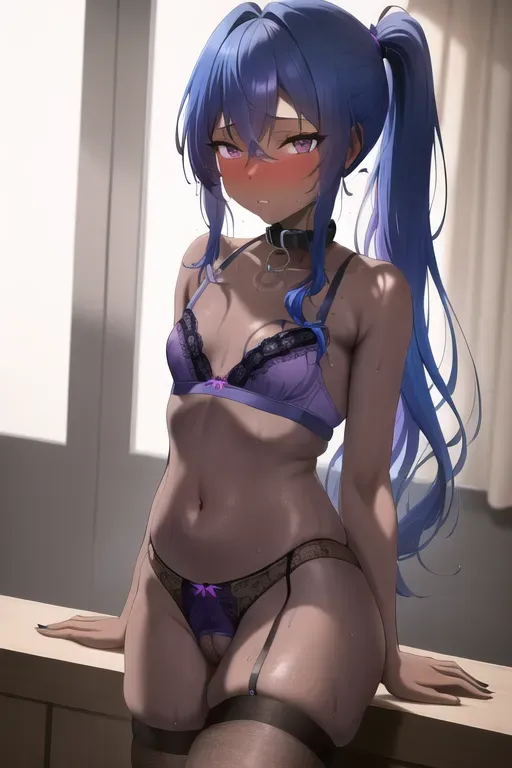 masterpiece, best quality, medium (blue hair) in a ponytail, (sexy purple lingerie), ((small breasts)), orgasm, (shy), detailed background, uncensored, wet pussy, collar, pubic hair, ((dark skin)),