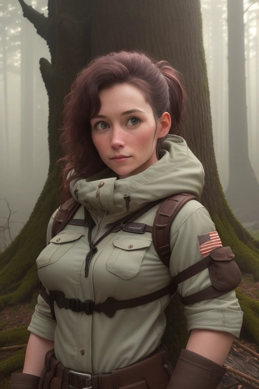 30 year old female adventurer, small boobs, forest clearing, campfire