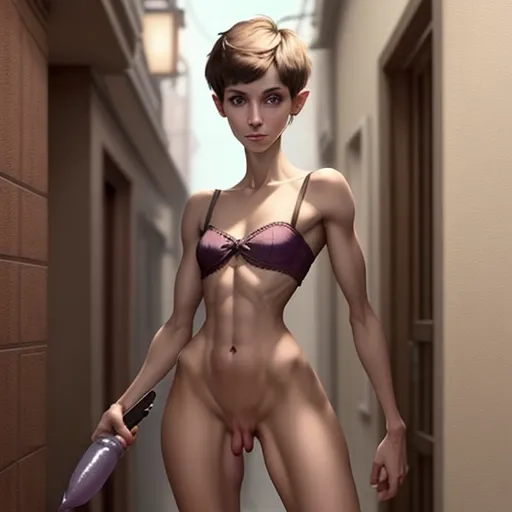 A skinny brunnete women with a pixie cut with a thick penis entering her