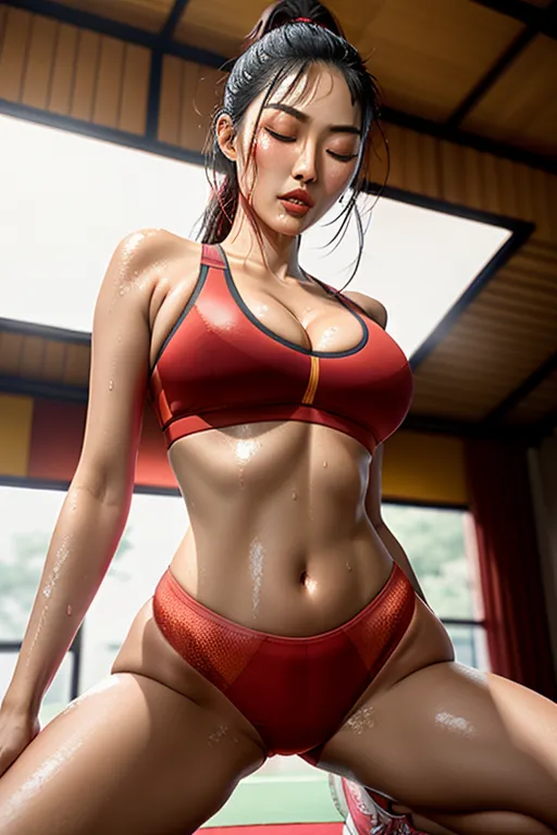 a photo shoot of, Chinese model Liu Wen, in an indoor gym, doing squats on the floor, front view from below, wearing a red sports bra and red thong, visible cameltoe, huge cleavage, large hard nipples, sweaty skin, dripping wet, visible sweat droplets, wet clothes, open mouth, perfect teeth, detailed textured skin, blushing face, red cheeks, closed eyes, ((wide shot)), bokeh, studio lighting, exactly four fingers,