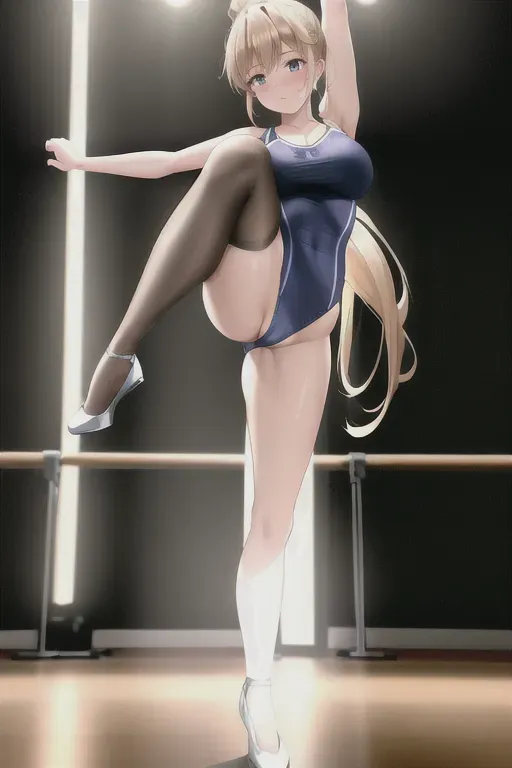 a digital art of balerin girl in a dance studio, wearing balerin tights and trening balerin siute, rehearsing a dance,lifts a straight leg and holds the foot by the toe, long beutiful leg, textured clothes, textired skin, long blond hair in ponytail, detalied hair, deatalied background, standing on one leg, does stretching, full body in frame, veiw fome the pussy, bauetifull figure, focused face, studio lighting, high rendering