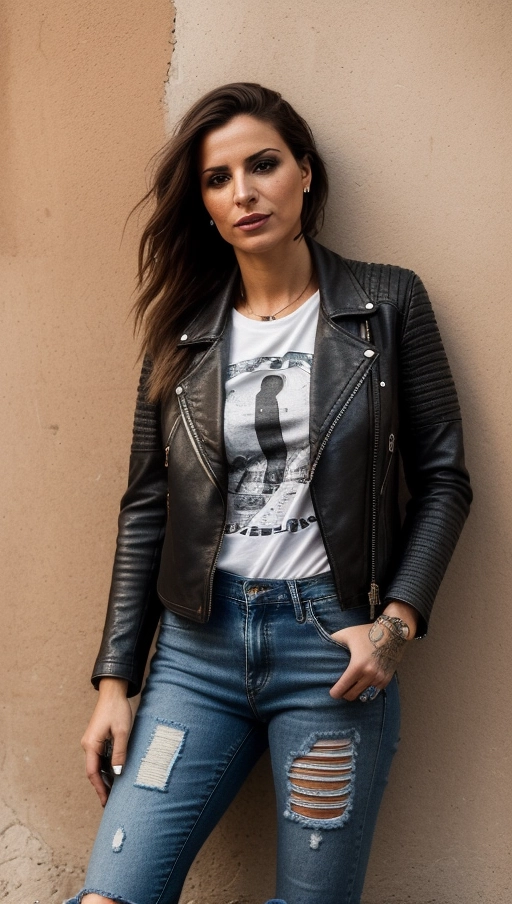 portrait same young lady from Portugal, age 24, picture taken in 2021, maintains her powerful, self-confident essence, olive skin, dark brown hair now in a messy, carefree braid, eyes sparkling with mischief, a playful grin, and a nose that carries her confidence, sporting a casual, chic ensemble of a leather jacket, white tee, and ripped jeans, embodying a rebel at heart, location on the streets of Lisbons historic yet vibrant quarters, casually leaning against a colorful, tile-covered wall, one foot propped up behind her, exuding a relaxed yet daring vibe, accessorized with a mix of leather and metal bracelets, makeup is bold yet not overpowering, with a focus on her eyes, a discreet, yet edgy geometric tattoo peeks from under her sleeve, blending with her rebel aesthetic, camera angle captures her from a three-quarter view, adding depth and attitude to the frame, lighting is dynamic, mixing shadows and light to enhance her features and the textures of her outfit, resolution is high, ensuring clarity and capturing the lively essence of the scene, camera type is mirrorless, camera settings - aperture f2.8, shutter speed 1-250s, ISO 320, focus is sharp on her face and upper body, highlighting her expression and the intricate details of her casual yet bold look,