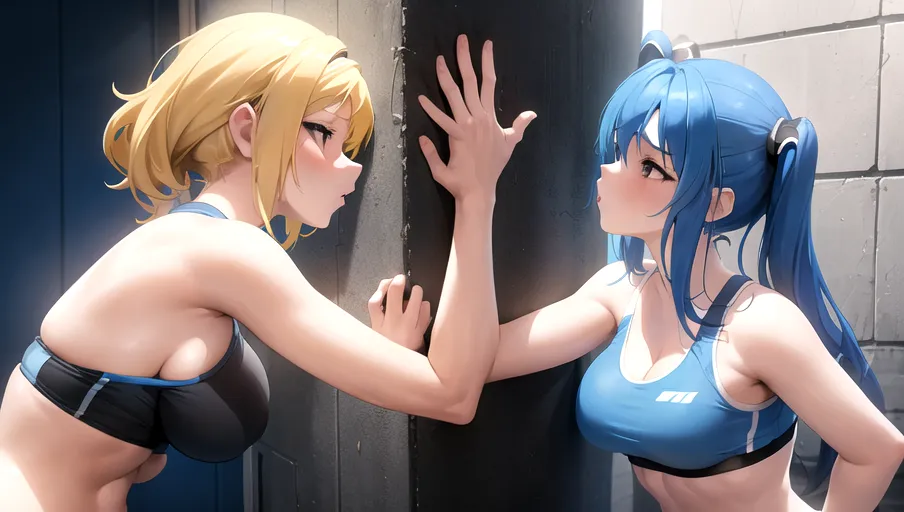 a girl with blue hair and small breasts and a girl with blonde hair, large breasts, sports bra and a mini skirt who is backed against a wall. the first girl is kissing the second girl with one hand grabbing her ass