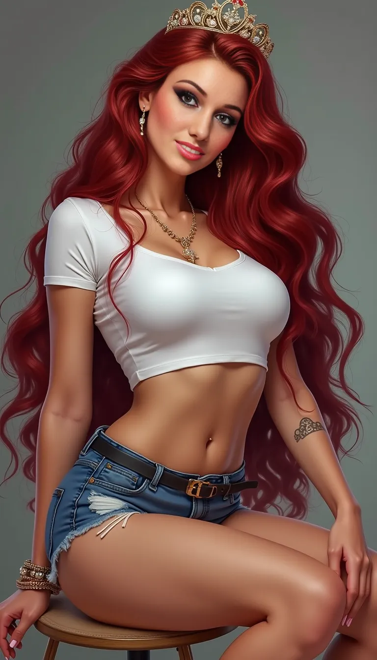 sitting on a chair, crossing legs, full body profile view, a very tall, athletic, gorgeous fit young teen supermodel with long dark red beautiful curly shiny hair, wearing denim shorts, cropped white t shirt, tiara, beige stilettos, belt, very long legs, (huge breasts), earrings, bracelets, pendant, (makeup), muscles, visible toes, pink nails, eyelashes, toned, stunning physique, shiny oiled glistening skin, pink lipstick, wide hips, pageant ambience, disco, smiling