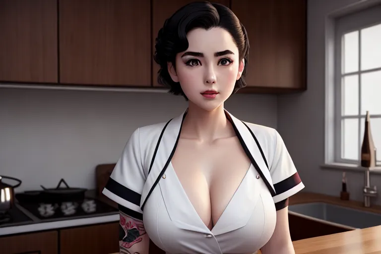 a illustration of,emilia,wearing japanese high school uniform,in the kitchen,amazing breasts,five fingers per hand,short thick hair,beautiful face,beautiful lips,black eyes,curved eyebrows,pale skin,cosy,tattoo,highly detailed,8k,editorial,cinematic lighting,smooth