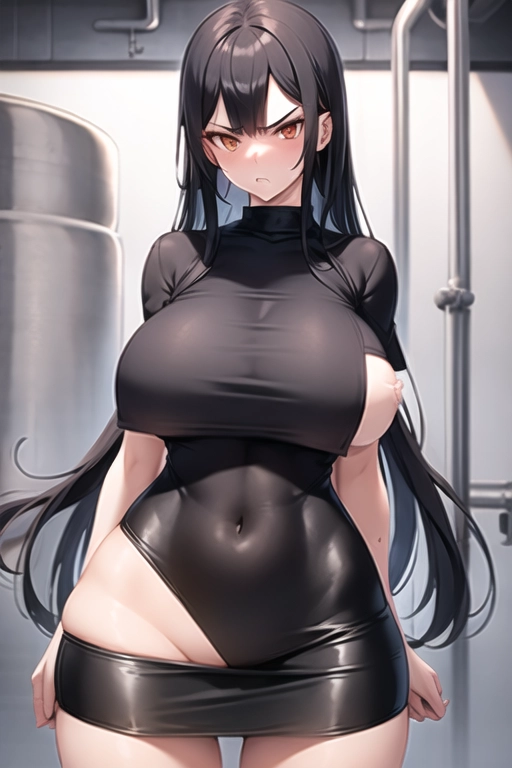 1girl, adult woman, long dark hair, hot, sexy, (((big boobs))), (((round hips))), (((factory milk factory))), beautiful, perfect image, good art, angry reaction, skinny, (only wearing a short black skirt),(((shirtless)), naked breasts, bare chest