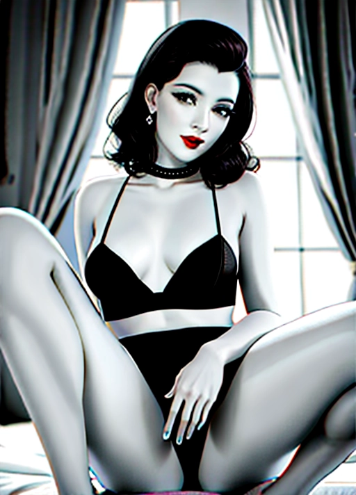 ((Stylish black and white film-photograph)),
(sexy 1940s 1950s vintage pinup),
1940s 1950s vintage porn,
Kinky vintage lingerie,
vintage bra, bullet bra, cupless bra,
Crotchless panties,
Translucent lingerie,
Red lips, detailed beautiful green eyes,
Heavy coloured eyeshadow and eyeliner and mascara,
pointed breasts, conical tits,
(exposed detailed nipples),
((visible detailed pussy)),
Beautiful perfect skin textures and tones,
Detailed realistic and correct anatomy,
((photorealistic)), (filigree),
Kinky,
(active scene, active pose, active sex,
various positions),
looking directly at camera,
Making eye contact with viewer,
Engaging and enticing the viewer,
Beautiful perfect lighting,
Authentic 1940s 1950s porn look and feel,