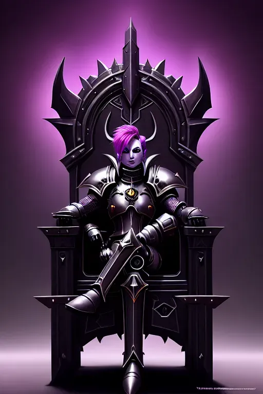 Bdsm armor, nsfw, grimdark, dark spaceship background, A digital painting of an androginous slaanesh daemonette boy sitting on a gothic and technological throne