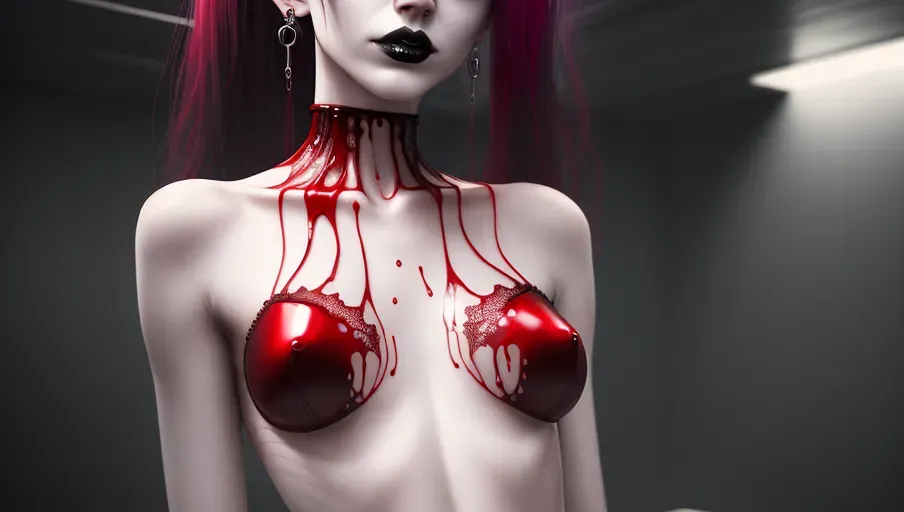 goth girl, porcelain skin, red lingerie, topless, wide areolas, outer space, beautiful, dripping wet, flat chest
