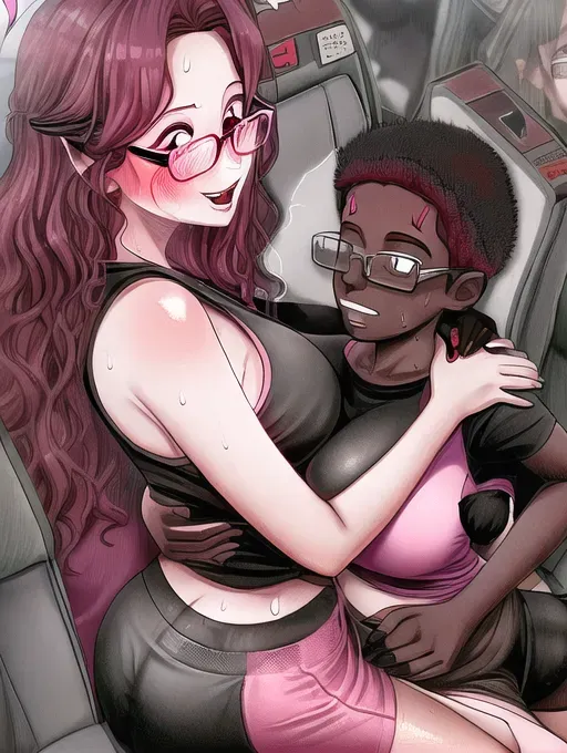 tall sweaty dom pink and black deer woman with nice big sweaty ass glasses small tities gym shorts tshirt deer ears deer tail, sitting on shy guys lap in plane