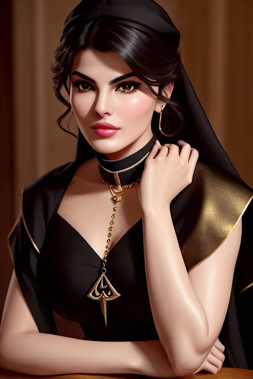 a photograph of,jacqueline fernandez,wearing priest clothes,sitting,at the party,five fingers per hand,beautiful face,beautiful lips,black eyes,curved eyebrows,pale skin,peaceful,wearing golden ring,ultra realistic,artstation,sharp focus,professional,bokeh