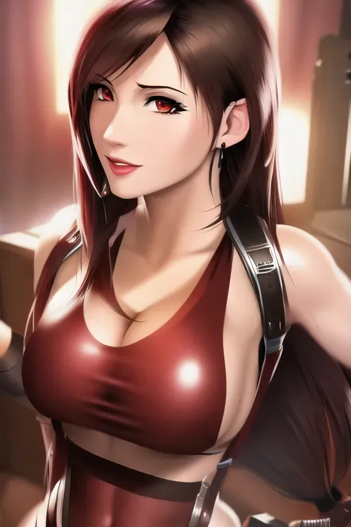 An anime portrait of Tifa Lockhart Tifa is nude Tifa is giving a blowjob