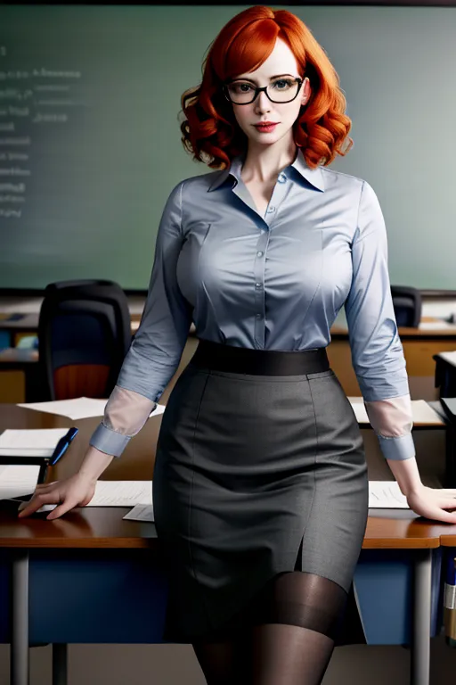 Christina Hendricks as a professor in a classroom, wearing glasses, a light blue office shirt, gray skirt, and black stockings