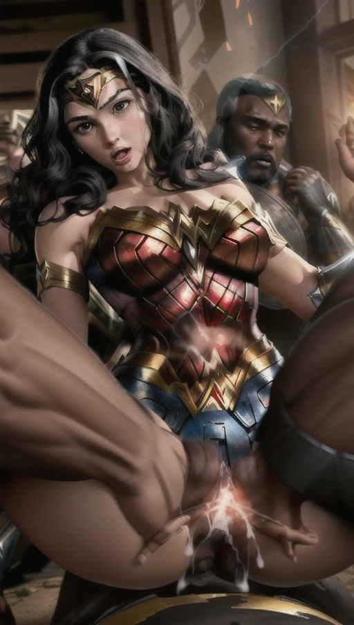 an explicit depiction of ((Wonder Woman getting fucked by a huge black man)), 1 female, 1 black male, cowgirl, spectators, cum oozing between her legs, cum on her moth, interracial, tears in her eyes, bruises on her arms