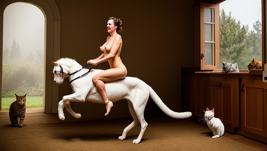 Naked woman riding a house cat into battle