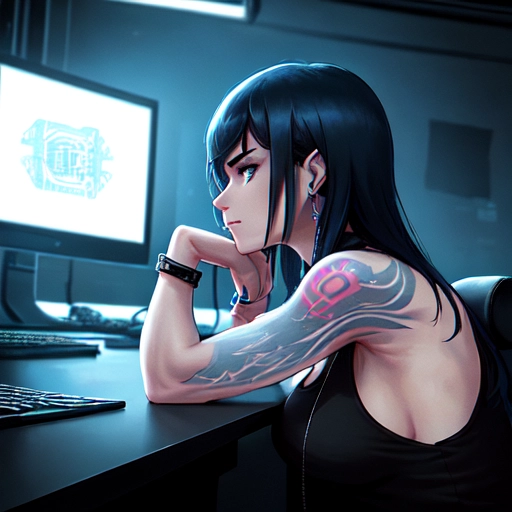 Medium shot, side profile in the style of CS-MKII , of a highly detailed beautiful, thin caucasian Cyber punk female with blue black hair, her hair is hanging down on the backside of her face, head tilted forward sitting in front of a computer monitor leaning forward on her arms, looking focused, at a desk with a tank top on showing cleavage and tattoo sleeves on her arms and a small line tattoo on her cheek. Dark background with a cyberpunk city skyline at night in the window and a blueprint on the wall, she has a bracelet on her wrist and is wearing earrings on her ears