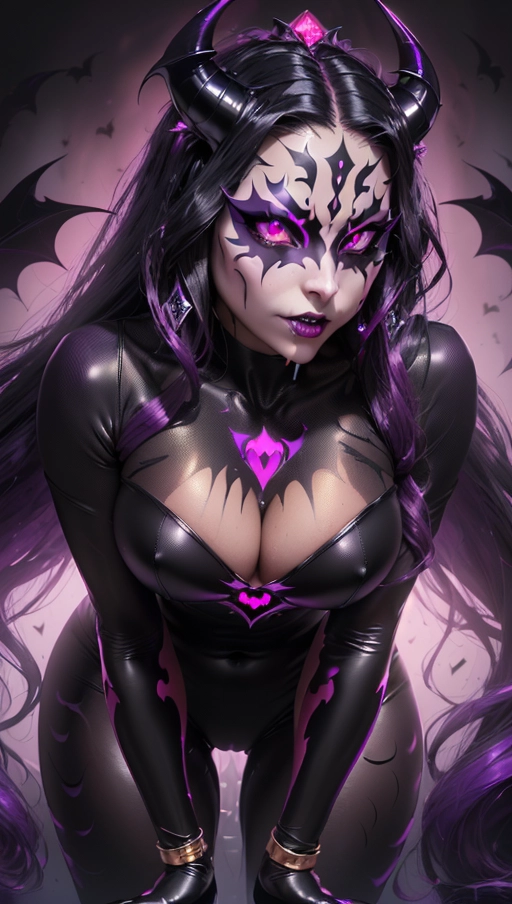 best quality, (((ultra high res))), (((detailed face and eyes))), (perfect face), (big shining heart choker), earrings, jewelry, (((big glowing succubus mark))), ((((big glowing succubus bodymark)))), (conjuring), witch, ((very long voluminous hair)), (((black gloves))), (((black hair))), (((symbiote goo hair))), (((golden bracelet))), (((huge golden hair cuff))), (((black skintight neckholder))), ((face closeup)), lipstick, (((((black demon tail))))), ((black long sleeves)), ((purple glowing heart)), (((demon mark))), heart on womb, (((((bright purple glowing skin tone))))), (((straight black hair))), ((purple glowing clothes)), ((purple luminescent)), ((((purple luminescent skin tone)))), (((purple skin))), (((huge cameltoe))), ((((purple goo everywhere)))), (((symbiote girl))), ((((symbiote goo suit)))), ((goo tail)), (((succubus masquerade))), ((very very long hair)), ((glowing eyes)), ((symbiote goo body)), (((dark diamond crown))), (((face closeup))), (((pink diadem))), (((vampire))), ((pale tan)), ((bent over))