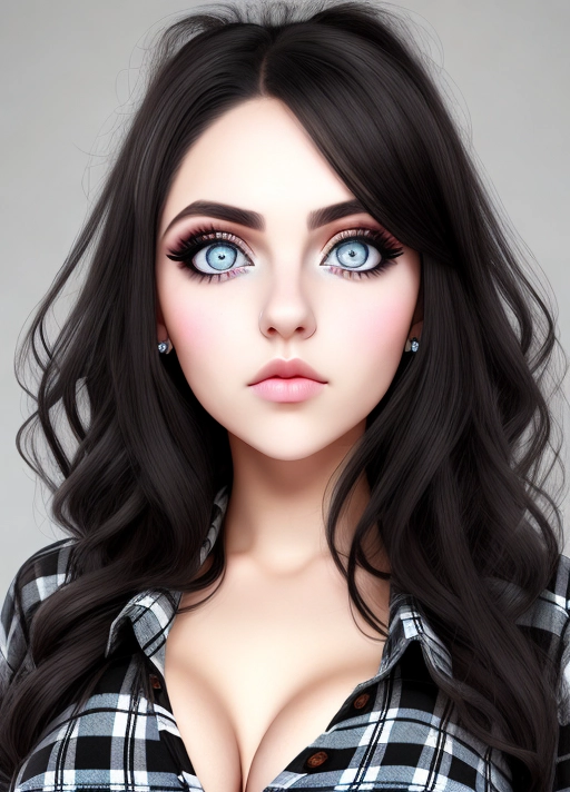 Cute Italian girl, simple grunge makeup, pale colored eyes, big wide eyes, hypnotized face, black hair, big lips, high riding huge boobs, gigantic tits, flannel shirt, photorealistic, best quality, ultra high resolution