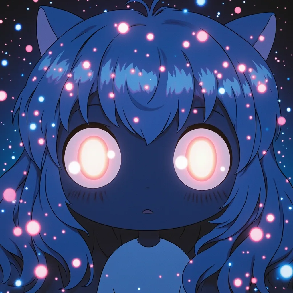 Anime Studio Ghibli, cute cosmic goddess, glowing eyes, universe in eyes, iridescent, hypnotic eyes, ultra-detailed, waist-up, maximalist