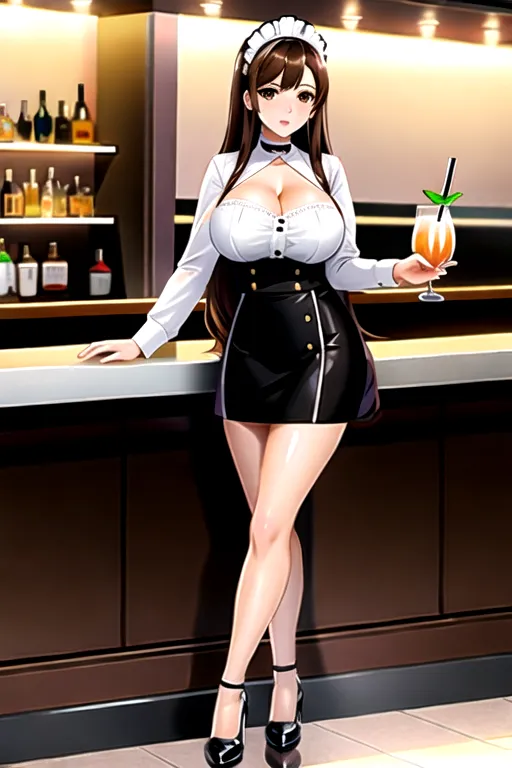 brown hair, brown eyes, giant breasts, white maid uniform, miniskirt, choker, long hair, high heels, in bar, slim body, looking at viewer, 1 girl, cleavage, 4k, serving drink