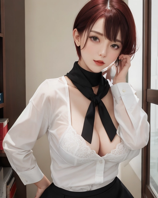 ((nsfw)), (white American),
(Attractive secretary leaning in allowing me a view down her blouse),
(Wearing white blouse top and black skirt),
(Perfect little breasts),
(dark textured little nipples),
(short red hair),
(wearing red shelf-bra covering half her breasts),
(her bra is unclipped)