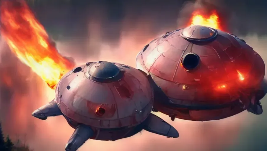 ((Masterpiece of photorealism, digital painting style)), (Top view of small detailed ufo on fire, daytime crash-landing (((in water lake)), alien crash site) (realistic color correction)