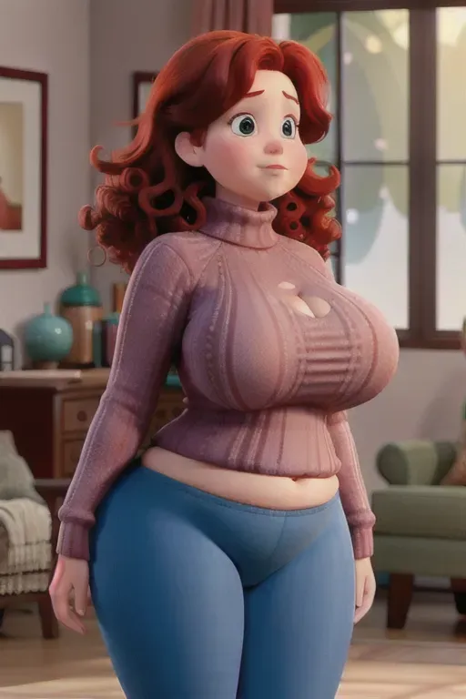 An extremely fat redheaded milf with curly hair wearing a turtleneck sweater and yoga pants, with plump red lips and a belly that sags to her knees, extremely thick thighs, tree-trunk thick thighs, huge sagging breasts, obese, morbidly obese, extremely wide and thick proportions, unrealistically busty, unrealistically thick, cartoonishly wide and fat