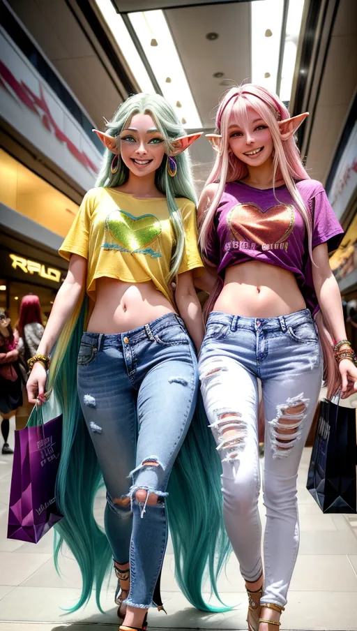 High fantasy, <lora:dpmg_add_detail:1>, twin girls sexy elf, elves who are (barely legal) adults are walking around the mall to buy clothing. The girls have extremely long rainbow hair, fair skin, large breasts, pierced ears and are wearing t-shirts and jeans. mall, ((loving smiles on faces)), crowded mall, dynamic lighting,