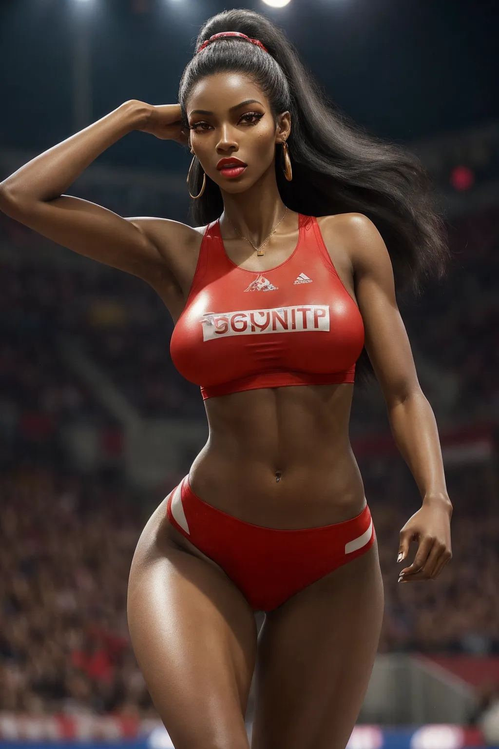 A shot of a young tall black female sprinter running during competition.
long legs, toned, (very big bouncing tits), (huge bouncing tits), (skimpy outfit), (erect nipples), sneakers, long black hair, long eyelashes, heavy makeup, bright red lipstick, big earrings, long nails, lewd tattoo, camel toe, navel piercing,
gorgeous face, (((detailed face))),(((photo))), highest quality, ultra realistic, artstation, highly detailed, highly detailed, high detail hair, (sharp body), detailed body.