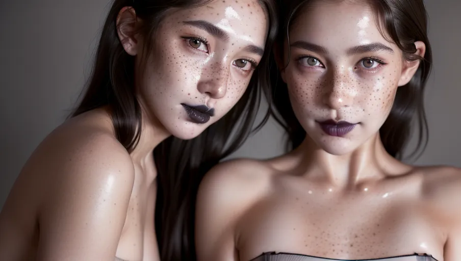 photorealistic, 8k, accurate face, (((detailed face))), (((replicate inspiration face))), freckles, black lipstick, grey eyes, brown hair,
2girls, ultra detailed 8k photo of two girls, both girls are dressed in Lingerie with straps, perfect female anatomy, wearing nothing nude, topless, breasts