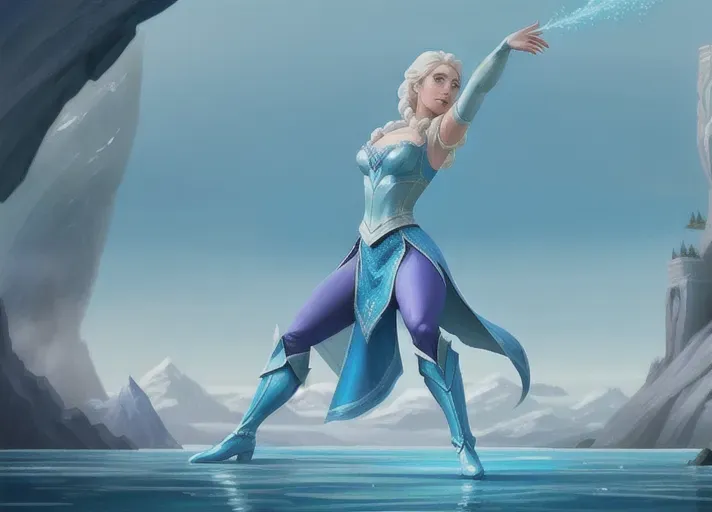 Beautiful Elsa of Arendelle training with Sub-Zero of Mortal Kombat. photorealistic. Medium shot. low angle.