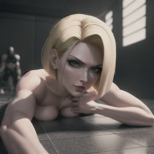 Android 18 is completely naked, lying on her back on a tile floor, looking embarrassed. Naked John Wick leans over her with his penis about to enter her vagina