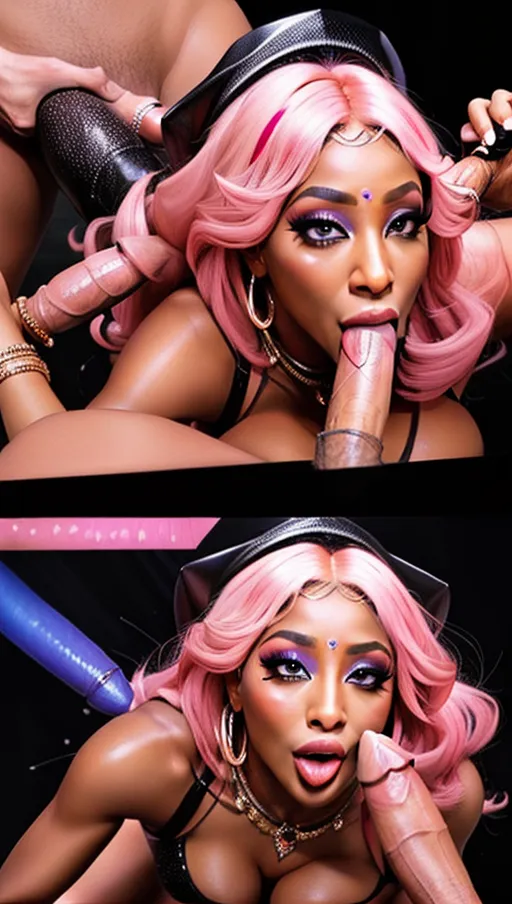 Masterpiece, best quality, Niki Minaj is fucked by orcs while performing on stage, Massive tits, big ass, live performance on stage at night, supermodel, perfect face, detailed facial feature, pink hair, concert spectators cheer as niki Minaj is fucked while singing and performing, cum on tits, cum on face, <lora:dpmg_fucked_from_behind:1>, <lora:dpmg_blowbang:.4>, all cocks are massive and very long, all cocks are green, light show, huge glowing cocks pour cum all over niki Minaj,