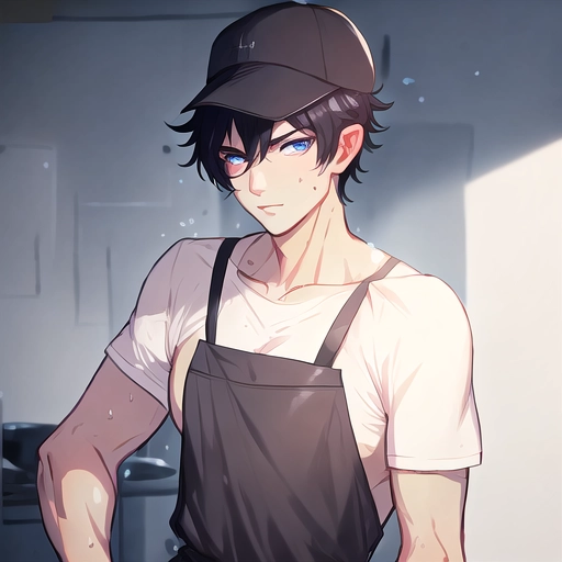 male, blue eyes, black hair, short hair, black baseball cap, green apron