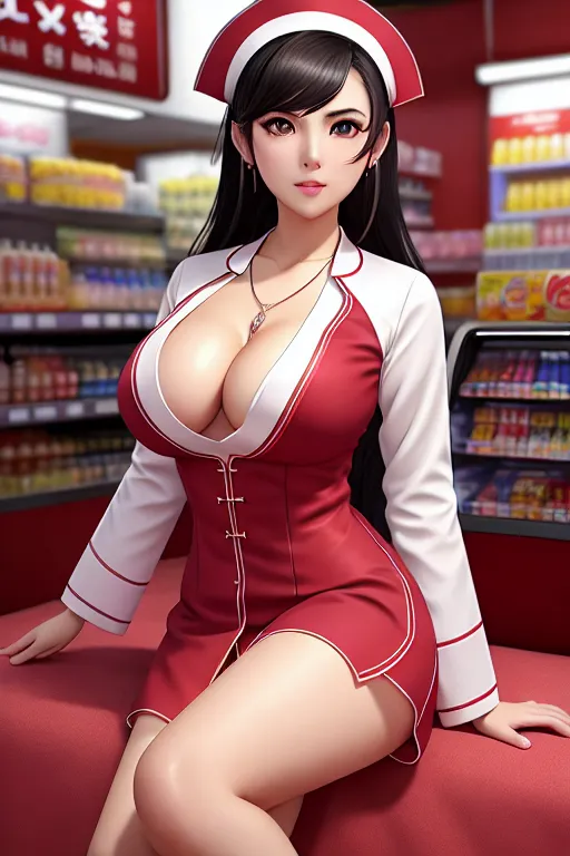 a concept art of,a nurse,wearing ao dai,lying,at the convenient store,big breasts,five fingers per hand,wavy curtain bang,gorgeous face,beautiful lips,detailed large eyes,curved eyebrows,curved eyelid,textured skin,erotic,wearing necklace,cgsociety,smooth,editorial,pixiv,highly detailed
