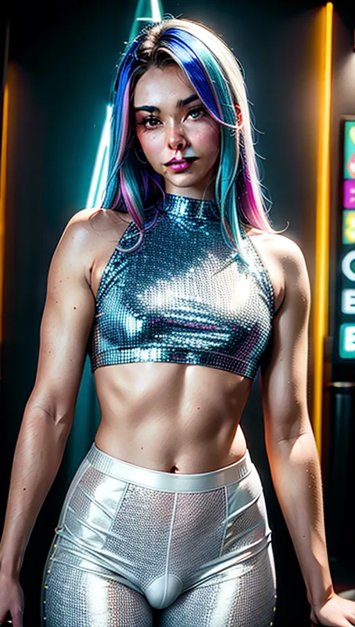 A professional photograph, a beautiful femboy (20) in (a sequined ((white)) shirt) and (a ((beige)) (see-through:1.1) disco trousers) is (waiting for a friend at the bar) in a night club, wavy black hair with (electric blue highlights:1.3), (smiling:1.1), beautiful face, beautiful eyes, flat chest, bulge in pants, cute supple pecs,
highly detailed, neon lights, Ball facet, vivid colours,<lora:dpmg_add_detail:1>, motivated lighting, cinematic composition, UHD, HDR, highest quality, highest resolution, (photorealist:1.72),(photorealism:1.72), (masterpiece:1.18), --s 750 --v 5.2