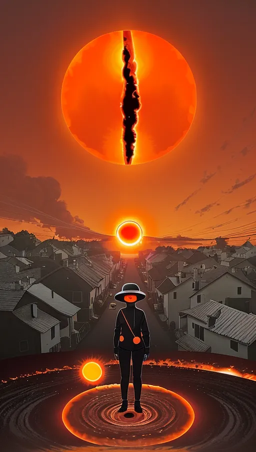 ((the gigantic orange eye in the sky has replaced the sun, a thin black oval inside it.the orange circle)),
(The village beneath is on fire),