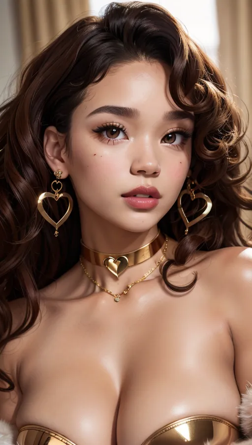 best quality, (((ultra high res))), (detailed face and eyes), hearts, perfect face, choker, golden earrings, jewelry, Ashley Moore, (face closeup), heart, topless, curls, latex