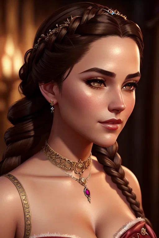 a oil painting of,a milf,wearing princess dress,outdoor,five fingers per hand,braids hair,charming face,beautiful lips,brown eyes,curved eyebrows,textured skin,romantic,tattoo,artstation,cinematic lighting,pixiv,unreal engine,studio lighting
