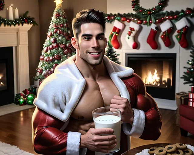 super fit athletic guy with big biceps in a santa outfit, punching a cookie midai, chugging a gallon jug of milk, standing in front of a christmas tree and fireplace. a plate of cookies are siting on a coffee table, cookies fragments are going flying as he eats. the christmas tree is covered in ornaments and colored lights. there is a mantle above the fireplace with wreaths, (cookie flying past his face in all directions), real life, photorealistic, photo,