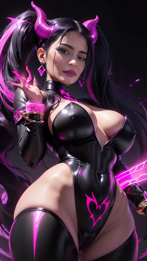 best quality, (((ultra high res))), (((detailed face and eyes))), (perfect face), (big shining heart choker), earrings, jewelry, (((big glowing succubus mark))), ((((big glowing succubus bodymark)))), (conjuring), witch, ((very long voluminous hair)), (((black gloves))), (((black hair))), (((single black ponytail))), (((golden bracelet))), (((huge golden hair cuff))), (((black skintight neckholder))), ((face closeup)), lipstick, (((((black demon tail))))), ((black long sleeves)), ((purple glowing heart)), (((big cameltoe))), (((demon mark))), heart on womb, (((((bright pink glowing skin tone))))), (((straight black hair))), ((pink glowing clothes)), ((pink luminescent)), ((((pink luminescent skin tone)))), (((pink skin))), (((Kylie Jenner))), (((from below)))
