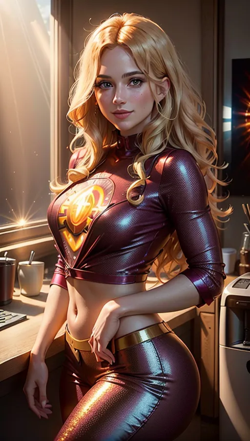 A professional photograph, a beautiful woman (20) in (a disco burgundy (glowing:0.6) trousers) and an (sequined crimson (see-through:0.9) shirt) is (waiting next to the coffee machine at the office), wavy blonde hair with (auburn highlights:0.7), (smiling:1.1), beautiful face, beautiful eyes, highly detailed, (stomach exposed:0.2), in a bright office with sunlight coming from side windows, (sunlight god rays:1.6), vivid colours, cinematic lighting, cinematic composition, UHD, HDR, highest quality, highest resolution, (photorealist:1.72),(photorealism:1.72), (masterpiece:1.18), --s 250 --v 5.2