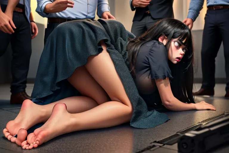 high quality, hires, masterpiece, 1girl, 3men, full body view, Indian actress, (detailed face), big blue eyes, huge breasts, black hair, ((tears)), crying, on knees, tattered sexy office clothes, girl shredded dress, BREAK Man holding gun, pistol, man pointing gun at girl, hitman, man holding girl at gunpoint, gun blowing girls brains out, girl shot in the head, execution style, <lora:better_cooks:0.5>, <lora:all_fours:1>, <lora:slap_mark:1>, <lora:dpmg_scared_expression:0.5>, <lora:dpmg_pov_anal_v1:0.7>, detailed hands, detailed feet