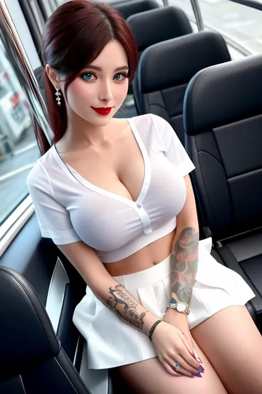 8k, photograph,top down angle view of a stylish, czech model, looking into to the camera, in Prague tram, sitting, white office shirt with ornaments, desigual skirt, tattoo, nice breasts, erect nipples, knowing smile, dark lip stick