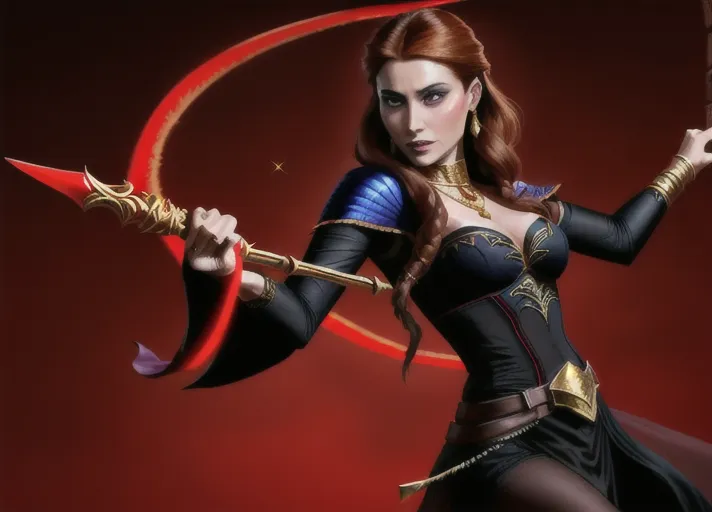 evil Arabic sorcerer Jafar of Agrabah dressed in black and red portrayed by Marwan Kenzari, uses his magic golden cobra headed staff to transform beautiful Nordic bright fiery auburn haired blue eyed Queen Anna of Arendelle portrayed by Elizabeth Lail into his loyal adoring harem dancer. photorealistic.