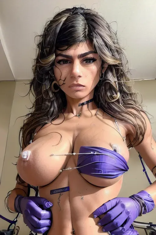 dpmg_mia_khalifa_v1, wearing blue nurse scrubs, with her boobs out, wearing purple medical gloves, large boobs, standing next to an ambulance