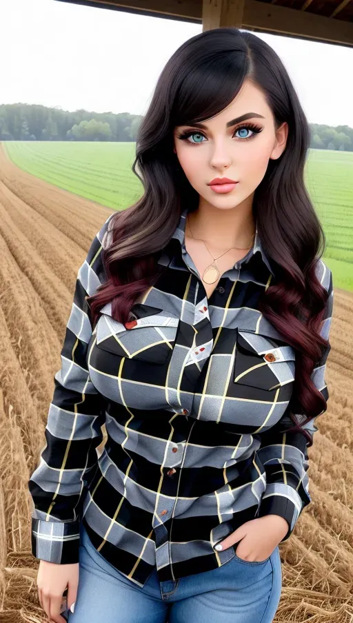 Gorgeous young Eastern European woman, photo cute attractive young face, big wide doe eyes, light colored eyes, big bimbo lips, huge gigantic boobs, (gigantic tits), raven-black hair, sexy, slim waist, thin, farm outfit, red flannel plaid shirt, photorealistic, best quality, ultra high resolution